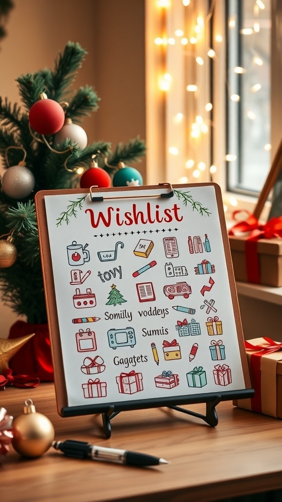 A colorful Christmas wishlist on a desk with holiday decorations and fairy lights.